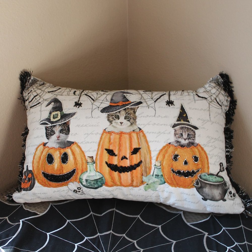 Halloween Cat Witch Gothic Skull Beaded Pillow Jack O Lantern Lane NWT